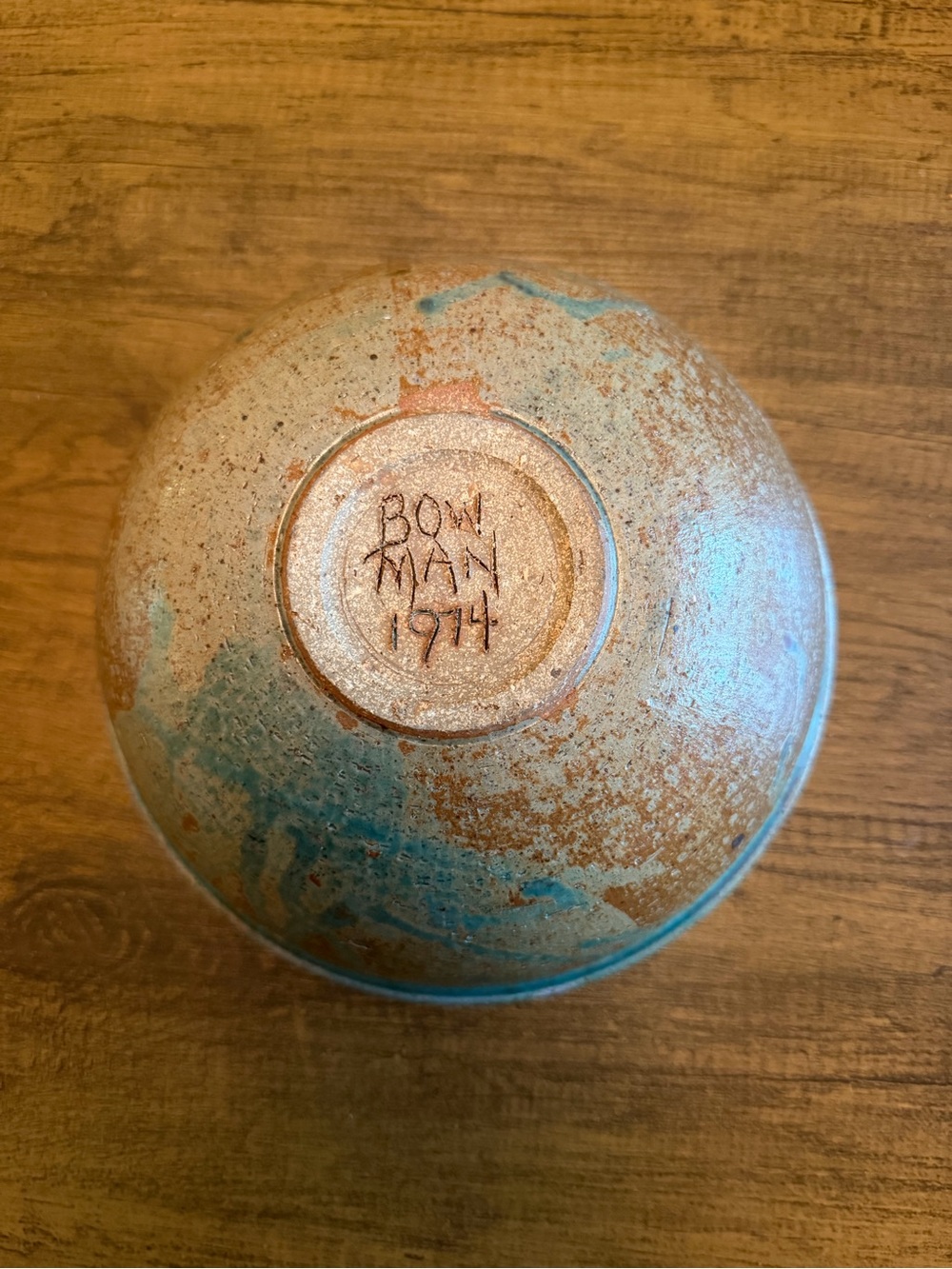Vintage 1974 Handmade Ceramic Bowl in Turquoise and Rust by Bowman
